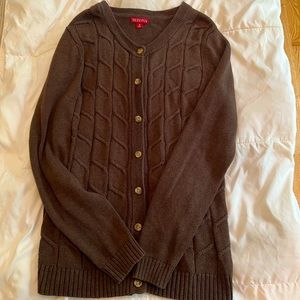 Dark brown cable knit cardigan, perfect for fall or winter!